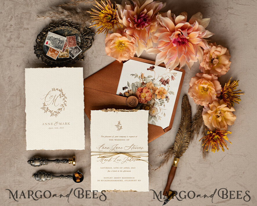 WEDDING INVITATIONS modern calligraphy / fine art Fine Art Fall Terracotta Gold Wedding Invitation, Burnt orange Floral Wedding Invitation, Rust Invitation suite, Wreath Monogram wedding invitation suite, Deckled Edge Invites, Torn Edge Wedding Invitations golden, Fine Art Wedding Invitation Suite, Deckled