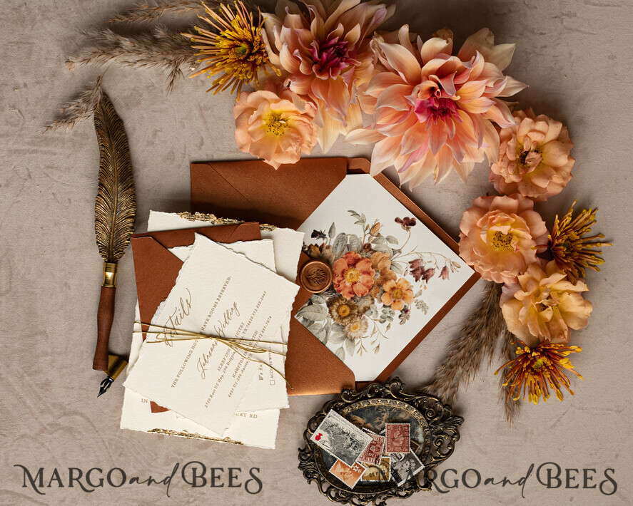 WEDDING INVITATIONS modern calligraphy / fine art Fine Art Fall Terracotta Gold Wedding Invitation, Burnt orange Floral Wedding Invitation, Rust Invitation suite, Wreath Monogram wedding invitation suite, Deckled Edge Invites, Torn Edge Wedding Invitations golden, Fine Art Wedding Invitation Suite, Deckled