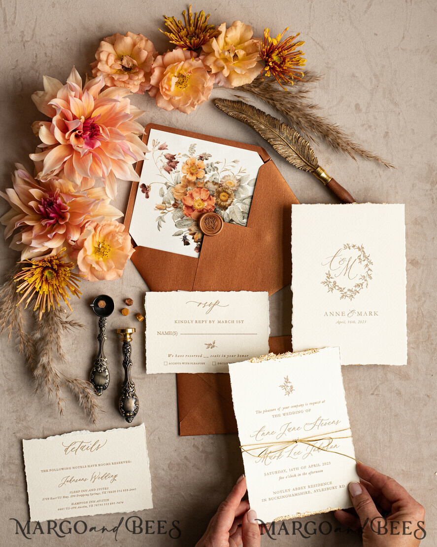 WEDDING INVITATIONS modern calligraphy / fine art Fine Art Fall Terracotta Gold Wedding Invitation, Burnt orange Floral Wedding Invitation, Rust Invitation suite, Wreath Monogram wedding invitation suite, Deckled Edge Invites, Torn Edge Wedding Invitations golden, Fine Art Wedding Invitation Suite, Deckled