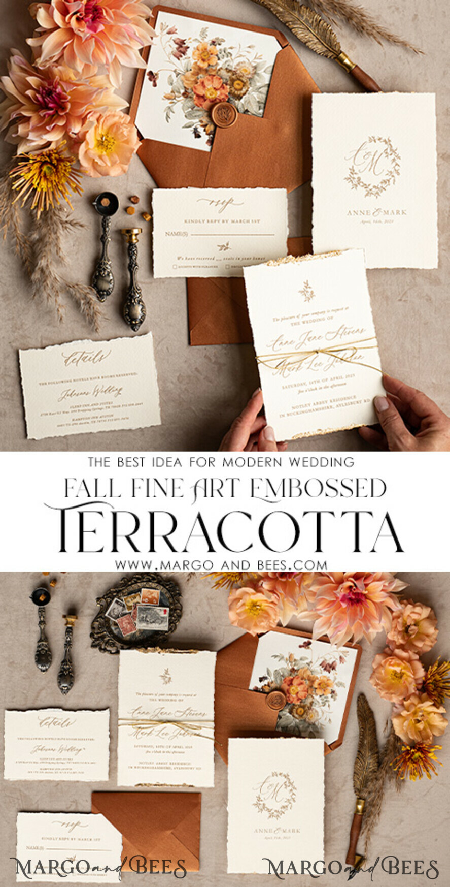 WEDDING INVITATIONS modern calligraphy / fine art Fine Art Fall Terracotta Gold Wedding Invitation, Burnt orange Floral Wedding Invitation, Rust Invitation suite, Wreath Monogram wedding invitation suite, Deckled Edge Invites, Torn Edge Wedding Invitations golden, Fine Art Wedding Invitation Suite, Deckled
