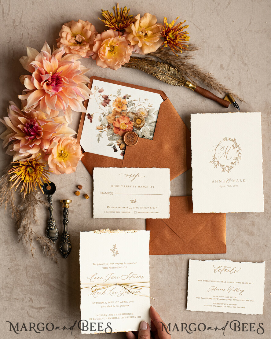 WEDDING INVITATIONS modern calligraphy / fine art Fine Art Fall Terracotta Gold Wedding Invitation, Burnt orange Floral Wedding Invitation, Rust Invitation suite, Wreath Monogram wedding invitation suite, Deckled Edge Invites, Torn Edge Wedding Invitations golden, Fine Art Wedding Invitation Suite, Deckled