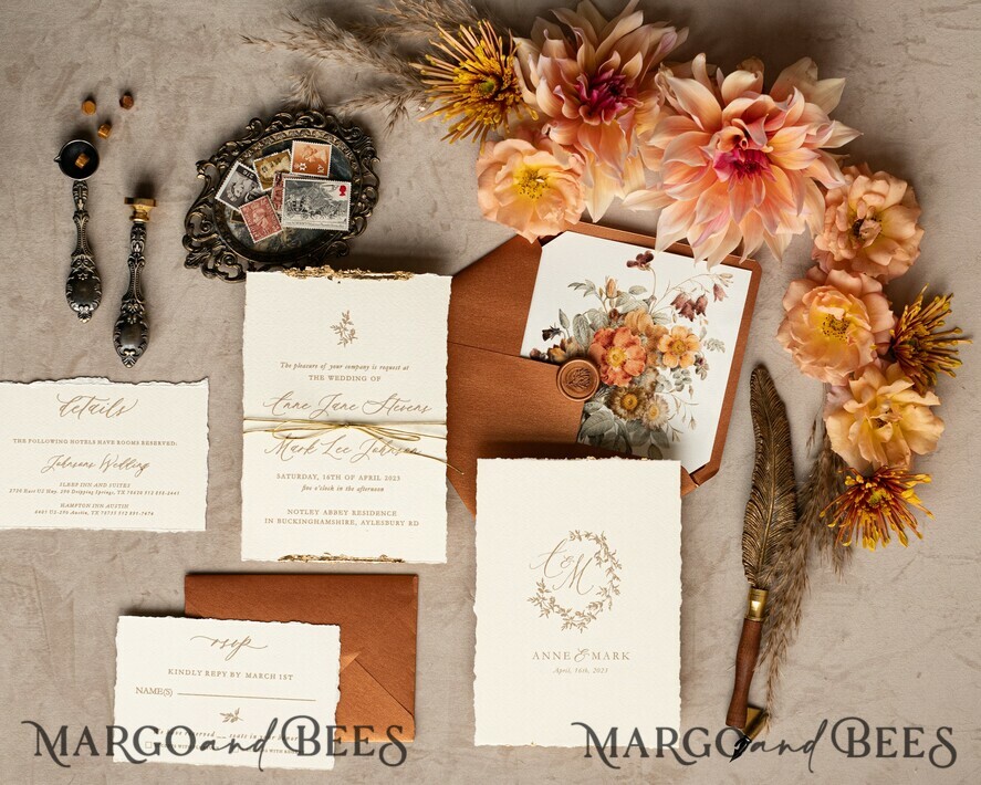 WEDDING INVITATIONS modern calligraphy / fine art Fine Art Fall Terracotta Gold Wedding Invitation, Burnt orange Floral Wedding Invitation, Rust Invitation suite, Wreath Monogram wedding invitation suite, Deckled Edge Invites, Torn Edge Wedding Invitations golden, Fine Art Wedding Invitation Suite, Deckled