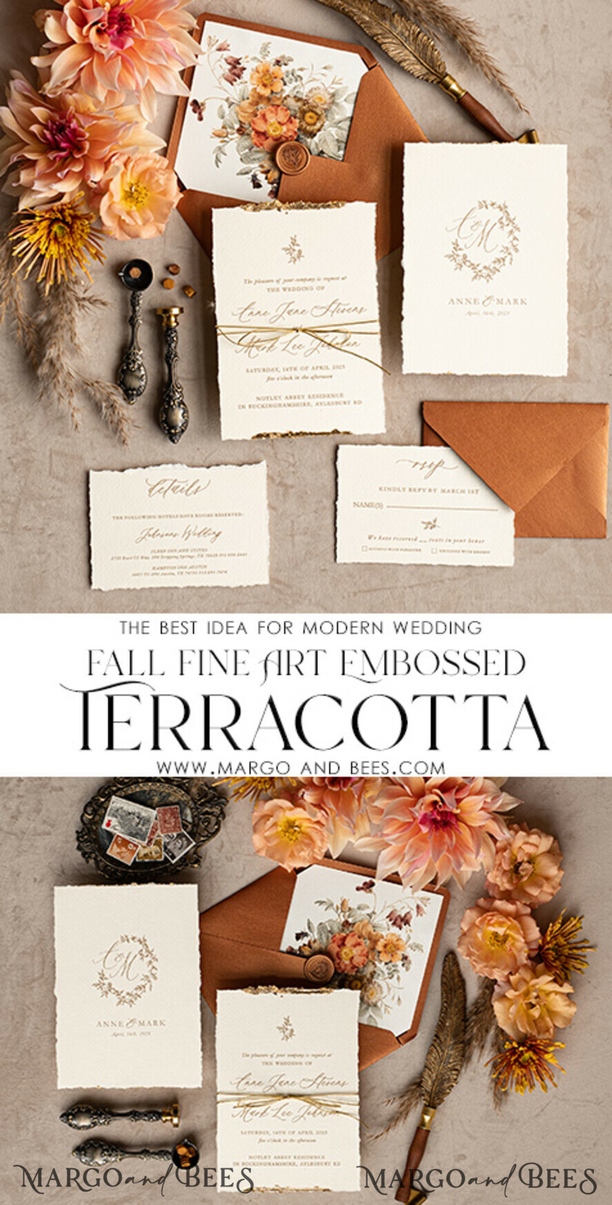 WEDDING INVITATIONS modern calligraphy / fine art Fine Art Fall Terracotta Gold Wedding Invitation, Burnt orange Floral Wedding Invitation, Rust Invitation suite, Wreath Monogram wedding invitation suite, Deckled Edge Invites, Torn Edge Wedding Invitations golden, Fine Art Wedding Invitation Suite, Deckled