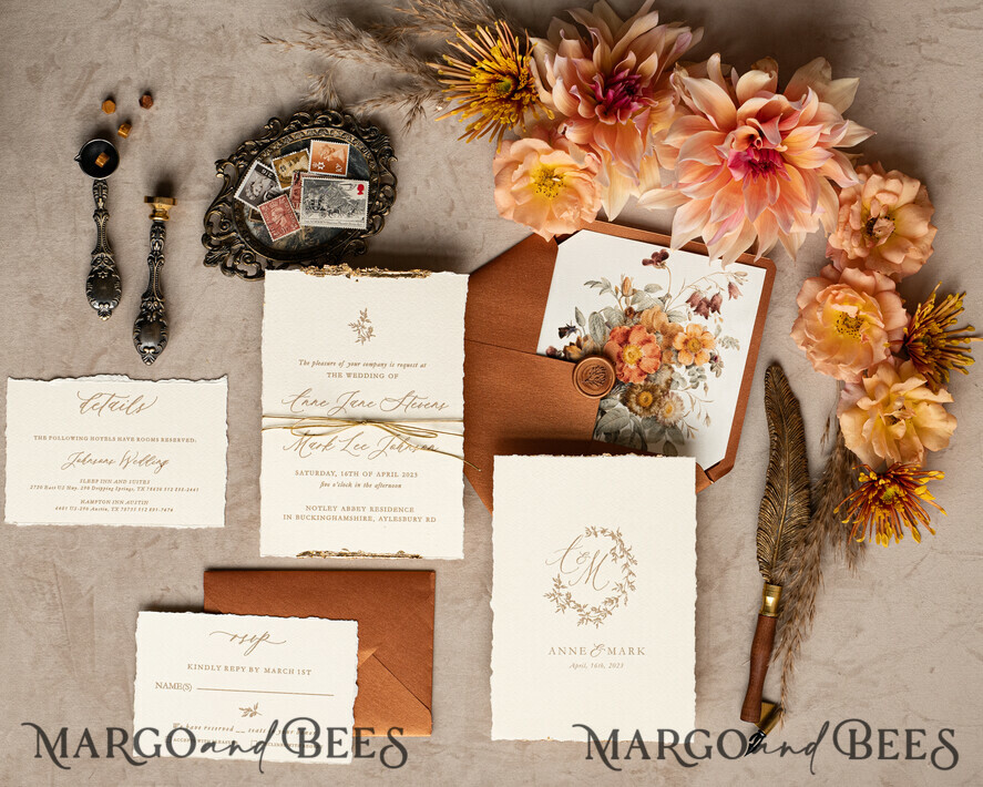 WEDDING INVITATIONS modern calligraphy / fine art Fine Art Fall Terracotta Gold Wedding Invitation, Burnt orange Floral Wedding Invitation, Rust Invitation suite, Wreath Monogram wedding invitation suite, Deckled Edge Invites, Torn Edge Wedding Invitations golden, Fine Art Wedding Invitation Suite, Deckled