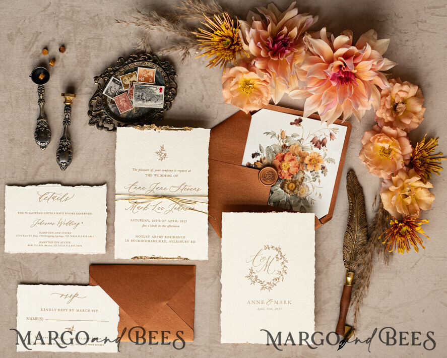 WEDDING INVITATIONS modern calligraphy / fine art Fine Art Fall Terracotta Gold Wedding Invitation, Burnt orange Floral Wedding Invitation, Rust Invitation suite, Wreath Monogram wedding invitation suite, Deckled Edge Invites, Torn Edge Wedding Invitations golden, Fine Art Wedding Invitation Suite, Deckled