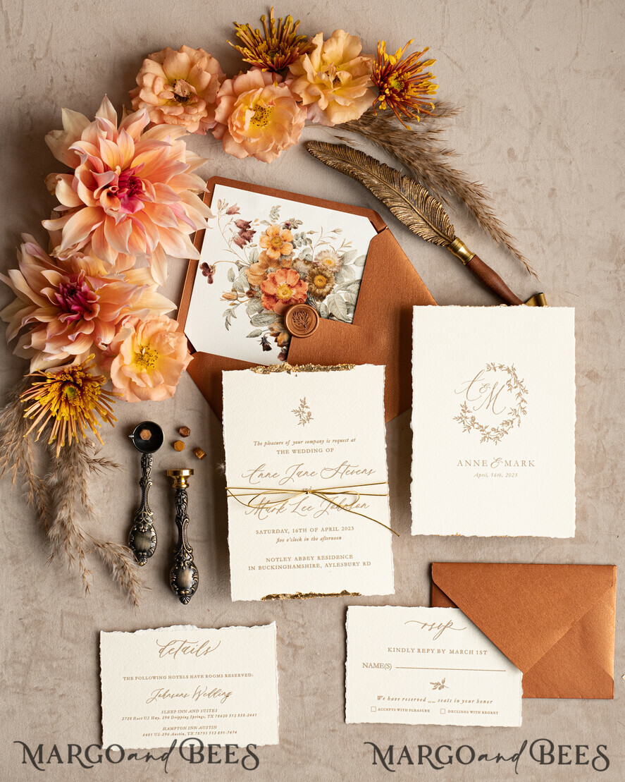 WEDDING INVITATIONS modern calligraphy / fine art Fine Art Fall Terracotta Gold Wedding Invitation, Burnt orange Floral Wedding Invitation, Rust Invitation suite, Wreath Monogram wedding invitation suite, Deckled Edge Invites, Torn Edge Wedding Invitations golden, Fine Art Wedding Invitation Suite, Deckled