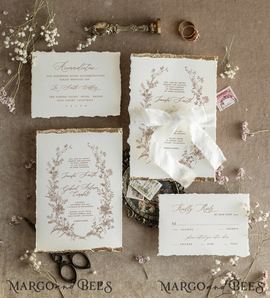 WEDDING INVITATIONS modern calligraphy / fine art Beige Gold Wedding Invitation, Floral Wedding Invitation, Fine Art Vintage Floral Invitation suite, Wreath  wedding invitation suite, Deckled Edge Invites