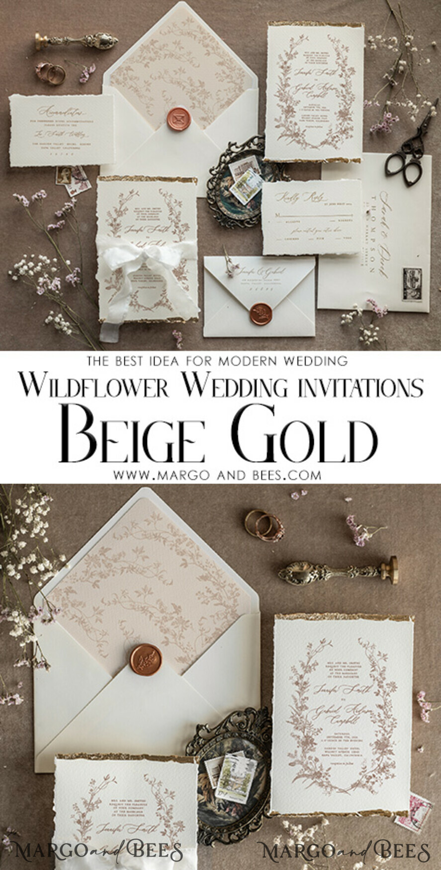 WEDDING INVITATIONS modern calligraphy / fine art Beige Gold Wedding Invitation, Floral Wedding Invitation, Fine Art Vintage Floral Invitation suite, Wreath  wedding invitation suite, Deckled Edge Invites