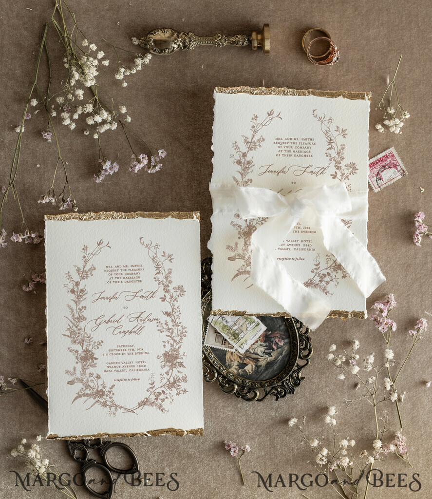 WEDDING INVITATIONS modern calligraphy / fine art Beige Gold Wedding Invitation, Floral Wedding Invitation, Fine Art Vintage Floral Invitation suite, Wreath  wedding invitation suite, Deckled Edge Invites