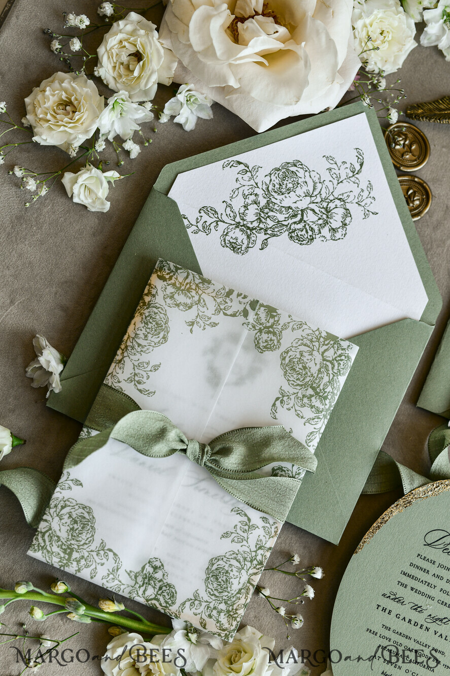 WEDDING INVITATIONS modern calligraphy / fine art Sage green  Fine Art Wedding Invitations with Gold Leaf, Deckled Edges, RSVP  qr code Silk Ribbon Bespoke Elegant Wedding Suite
