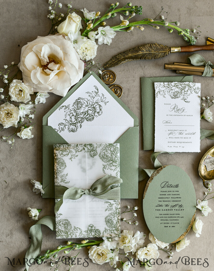 WEDDING INVITATIONS modern calligraphy / fine art Sage green  Fine Art Wedding Invitations with Gold Leaf, Deckled Edges, RSVP  qr code Silk Ribbon Bespoke Elegant Wedding Suite