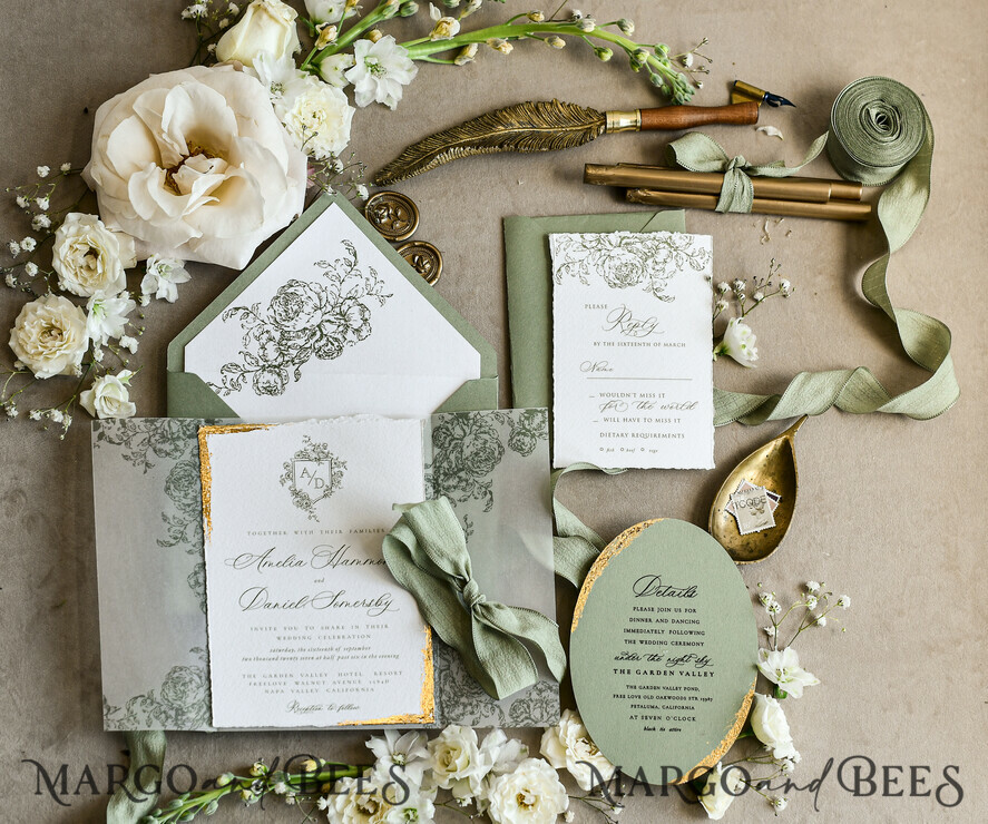 WEDDING INVITATIONS modern calligraphy / fine art Sage green  Fine Art Wedding Invitations with Gold Leaf, Deckled Edges, RSVP  qr code Silk Ribbon Bespoke Elegant Wedding Suite