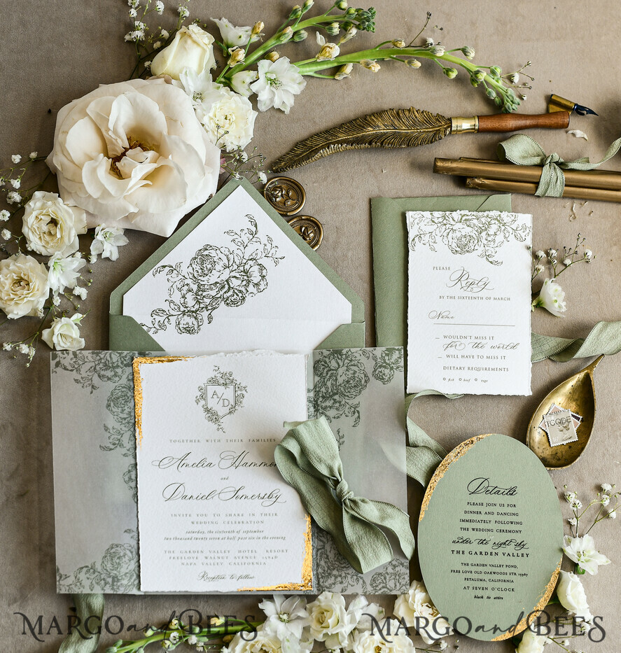 WEDDING INVITATIONS modern calligraphy / fine art Sage green  Fine Art Wedding Invitations with Gold Leaf, Deckled Edges, RSVP  qr code Silk Ribbon Bespoke Elegant Wedding Suite