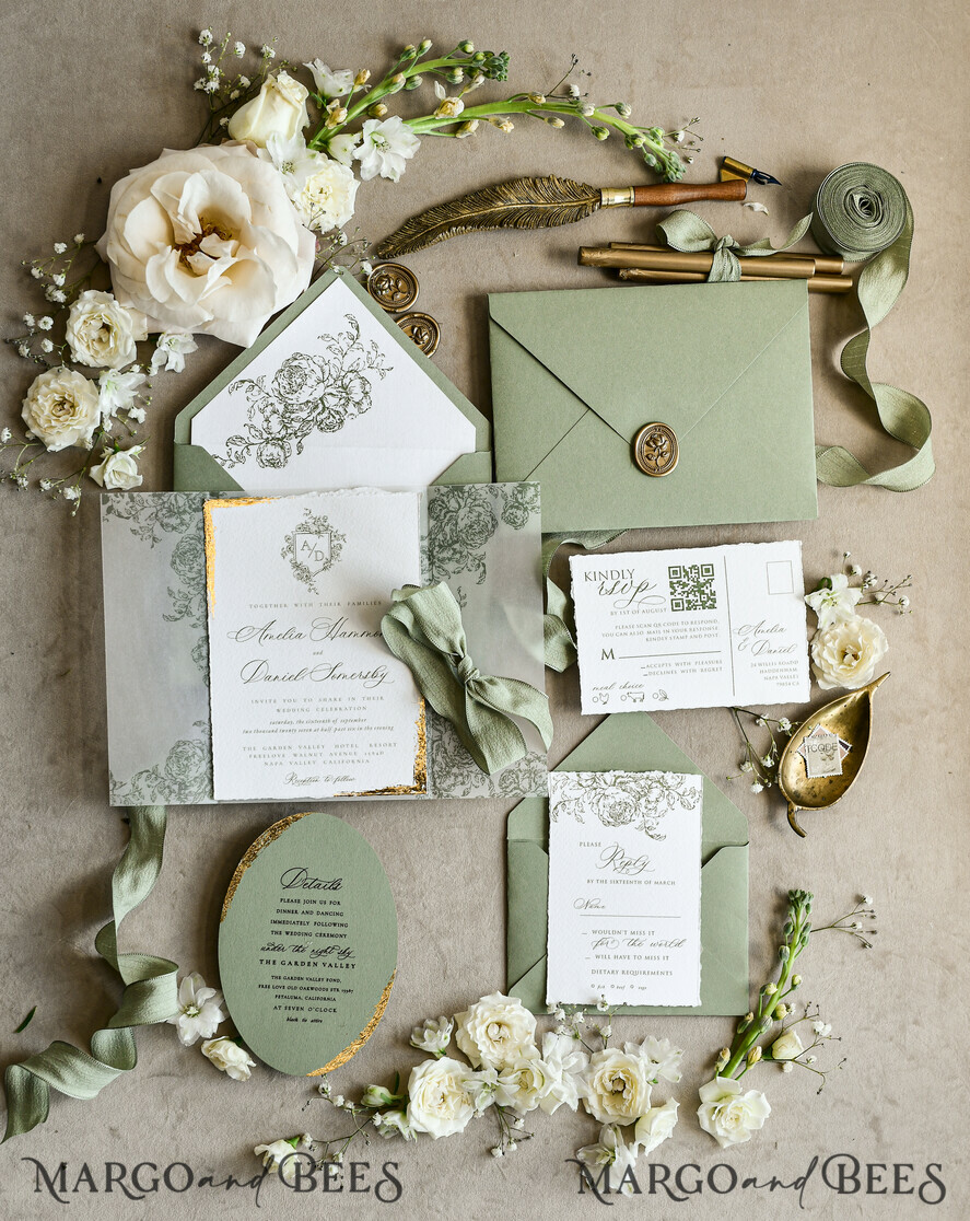 WEDDING INVITATIONS modern calligraphy / fine art Sage green  Fine Art Wedding Invitations with Gold Leaf, Deckled Edges, RSVP  qr code Silk Ribbon Bespoke Elegant Wedding Suite
