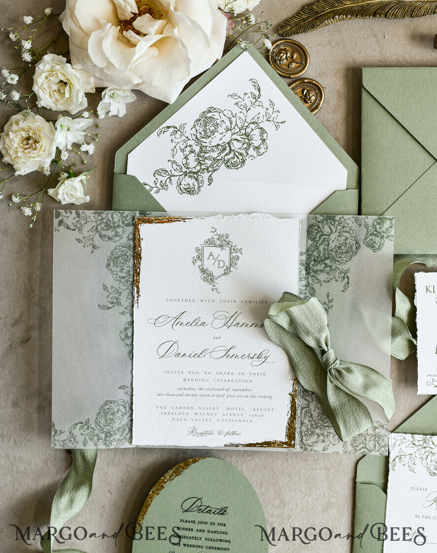 WEDDING INVITATIONS modern calligraphy / fine art Sage green  Fine Art Wedding Invitations with Gold Leaf, Deckled Edges, RSVP  qr code Silk Ribbon Bespoke Elegant Wedding Suite