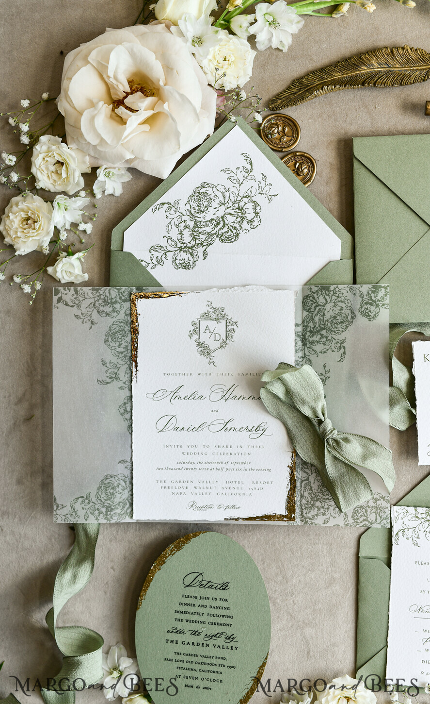 WEDDING INVITATIONS modern calligraphy / fine art Sage green  Fine Art Wedding Invitations with Gold Leaf, Deckled Edges, RSVP  qr code Silk Ribbon Bespoke Elegant Wedding Suite