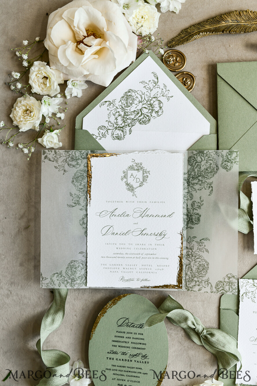 WEDDING INVITATIONS modern calligraphy / fine art Sage green  Fine Art Wedding Invitations with Gold Leaf, Deckled Edges, RSVP  qr code Silk Ribbon Bespoke Elegant Wedding Suite