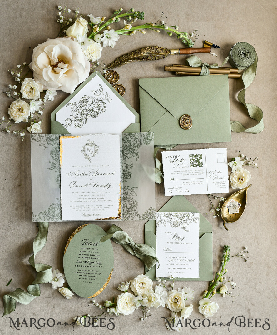 WEDDING INVITATIONS modern calligraphy / fine art Sage green  Fine Art Wedding Invitations with Gold Leaf, Deckled Edges, RSVP  qr code Silk Ribbon Bespoke Elegant Wedding Suite