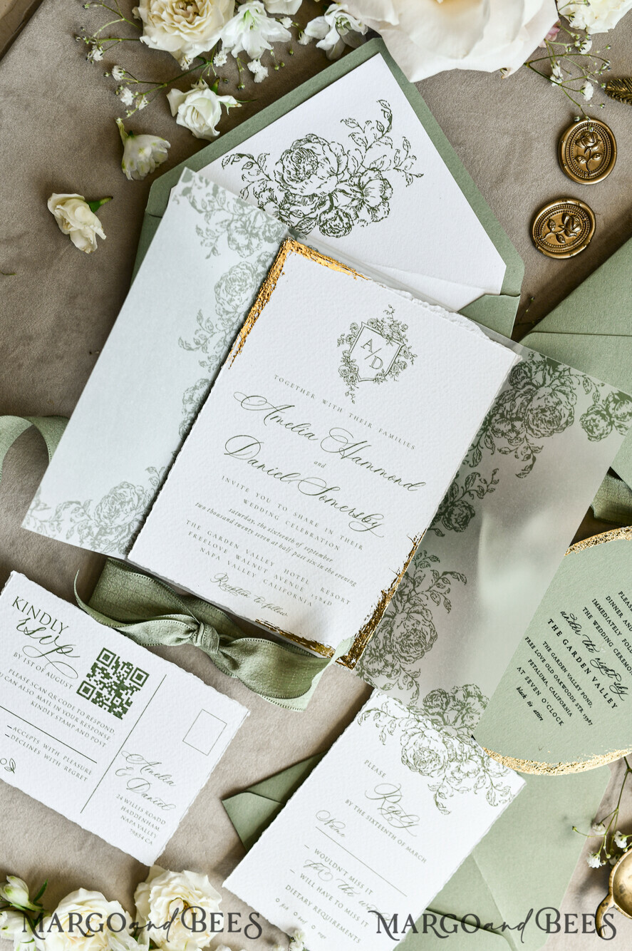 WEDDING INVITATIONS modern calligraphy / fine art Sage green  Fine Art Wedding Invitations with Gold Leaf, Deckled Edges, RSVP  qr code Silk Ribbon Bespoke Elegant Wedding Suite