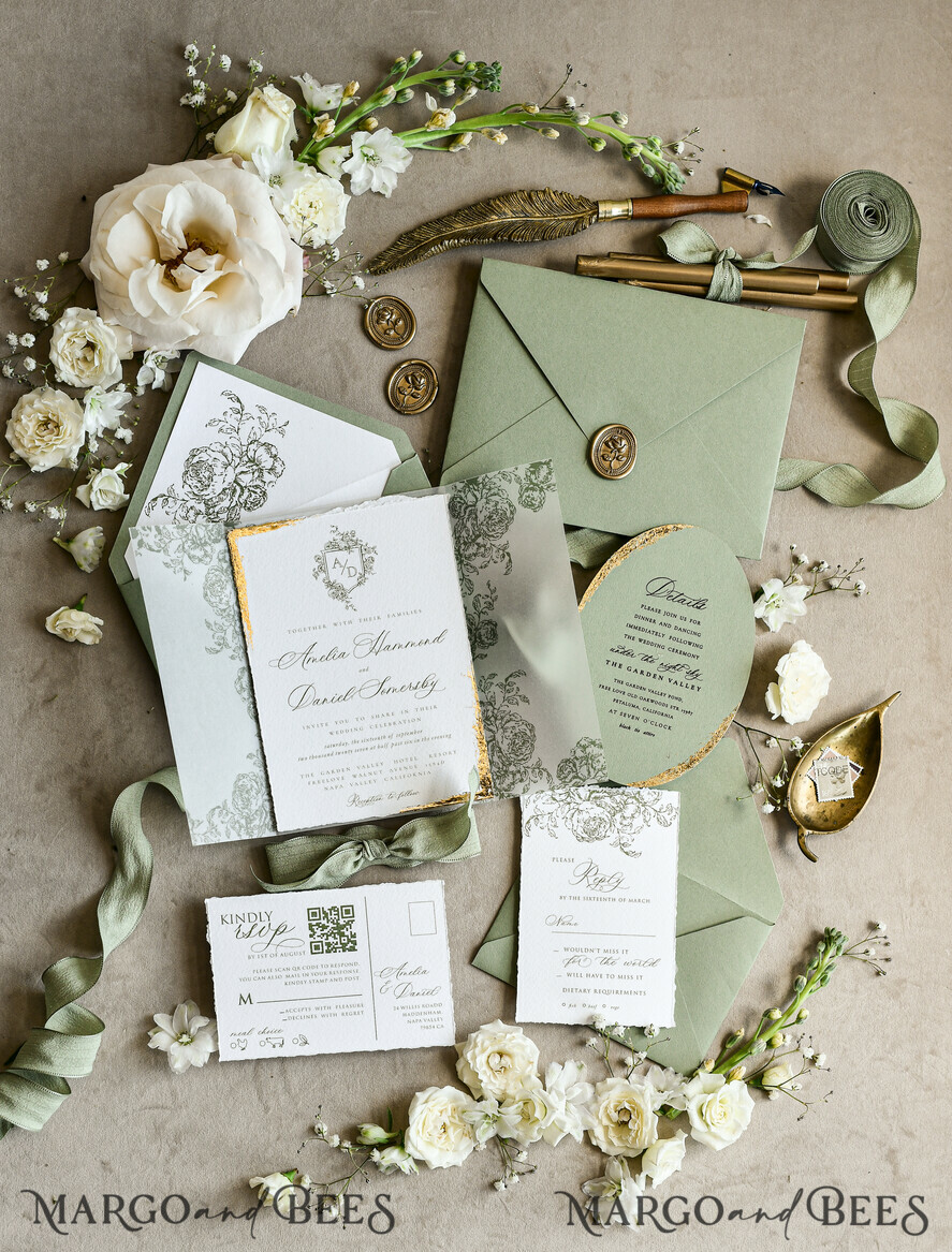 WEDDING INVITATIONS modern calligraphy / fine art Sage green  Fine Art Wedding Invitations with Gold Leaf, Deckled Edges, RSVP  qr code Silk Ribbon Bespoke Elegant Wedding Suite