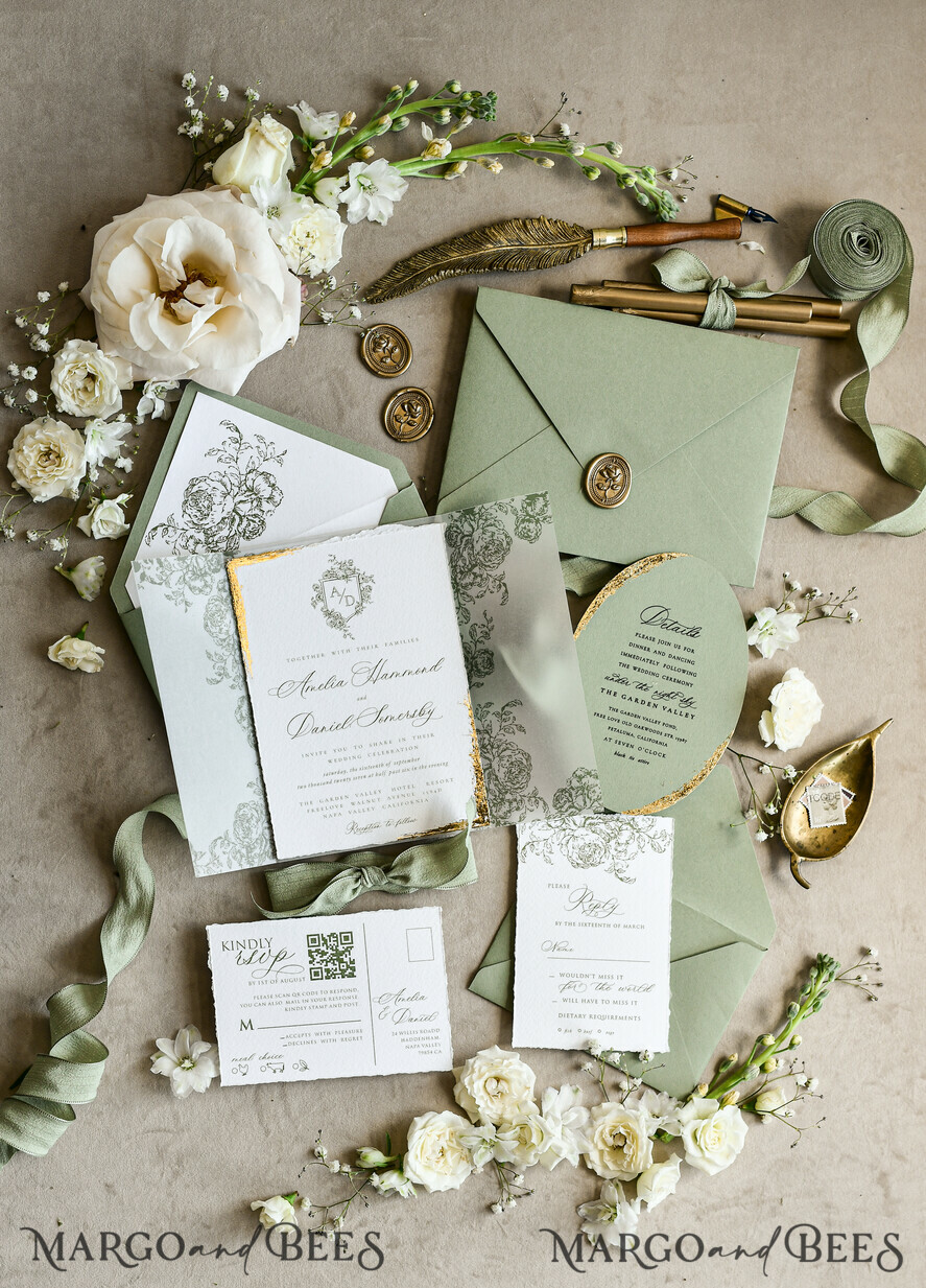 WEDDING INVITATIONS modern calligraphy / fine art Sage green  Fine Art Wedding Invitations with Gold Leaf, Deckled Edges, RSVP  qr code Silk Ribbon Bespoke Elegant Wedding Suite