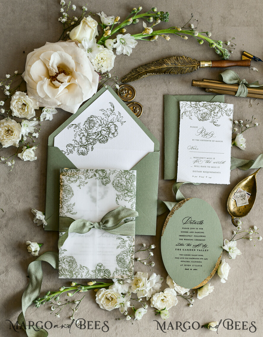 WEDDING INVITATIONS modern calligraphy / fine art Sage green  Fine Art Wedding Invitations with Gold Leaf, Deckled Edges, RSVP  qr code Silk Ribbon Bespoke Elegant Wedding Suite