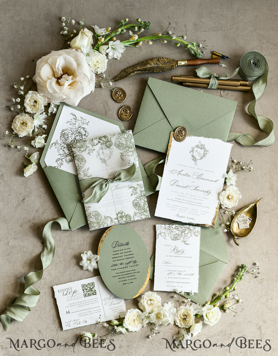 WEDDING INVITATIONS modern calligraphy / fine art Sage green  Fine Art Wedding Invitations with Gold Leaf, Deckled Edges, RSVP  qr code Silk Ribbon Bespoke Elegant Wedding Suite