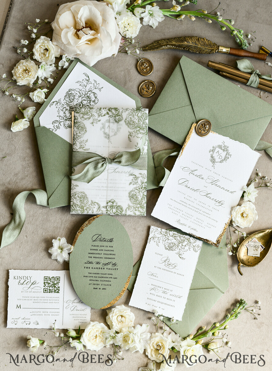 WEDDING INVITATIONS modern calligraphy / fine art Sage green  Fine Art Wedding Invitations with Gold Leaf, Deckled Edges, RSVP  qr code Silk Ribbon Bespoke Elegant Wedding Suite