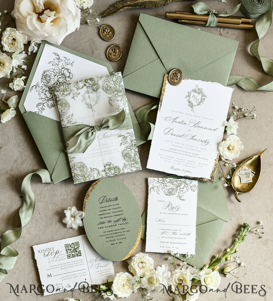 WEDDING INVITATIONS modern calligraphy / fine art Sage green  Fine Art Wedding Invitations with Gold Leaf, Deckled Edges, RSVP  qr code Silk Ribbon Bespoke Elegant Wedding Suite