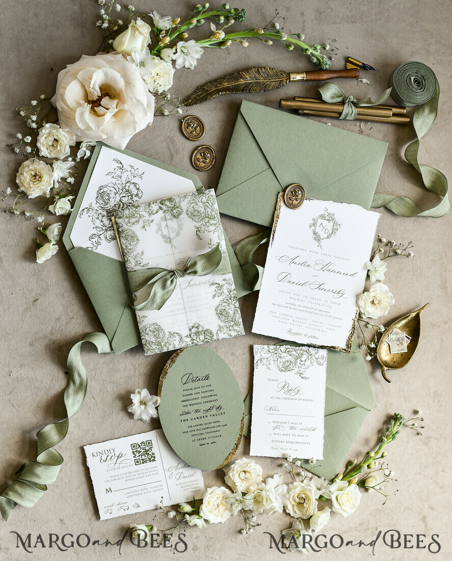 WEDDING INVITATIONS modern calligraphy / fine art Sage green  Fine Art Wedding Invitations with Gold Leaf, Deckled Edges, RSVP  qr code Silk Ribbon Bespoke Elegant Wedding Suite