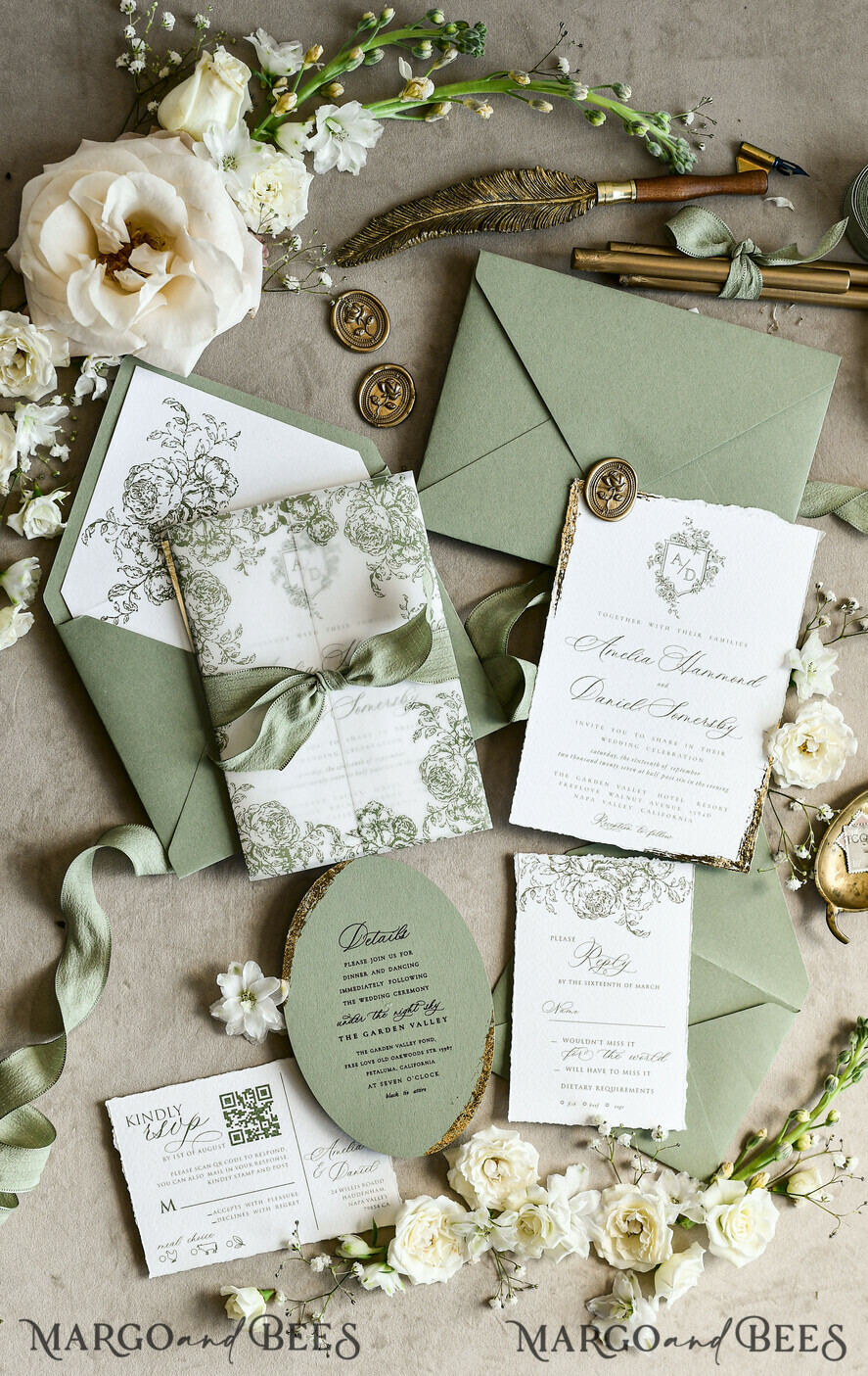 WEDDING INVITATIONS modern calligraphy / fine art Sage green  Fine Art Wedding Invitations with Gold Leaf, Deckled Edges, RSVP  qr code Silk Ribbon Bespoke Elegant Wedding Suite