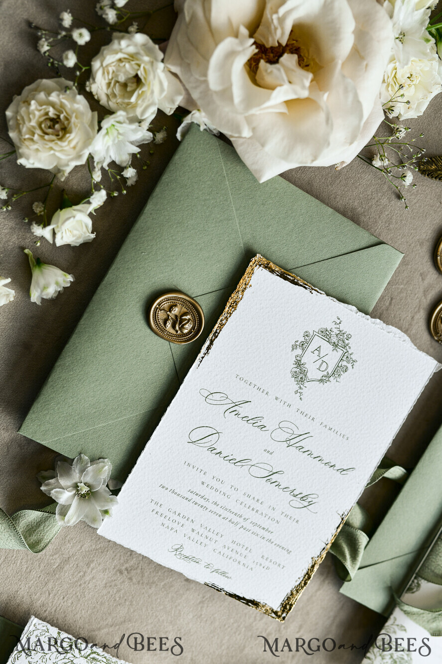 WEDDING INVITATIONS modern calligraphy / fine art Sage green  Fine Art Wedding Invitations with Gold Leaf, Deckled Edges, RSVP  qr code Silk Ribbon Bespoke Elegant Wedding Suite