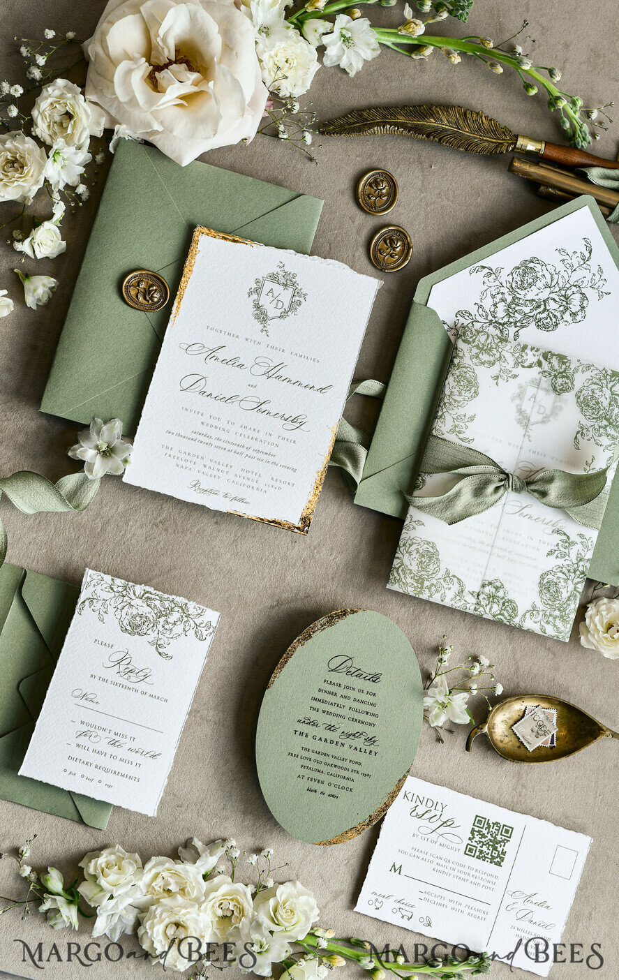 WEDDING INVITATIONS modern calligraphy / fine art Sage green  Fine Art Wedding Invitations with Gold Leaf, Deckled Edges, RSVP  qr code Silk Ribbon Bespoke Elegant Wedding Suite