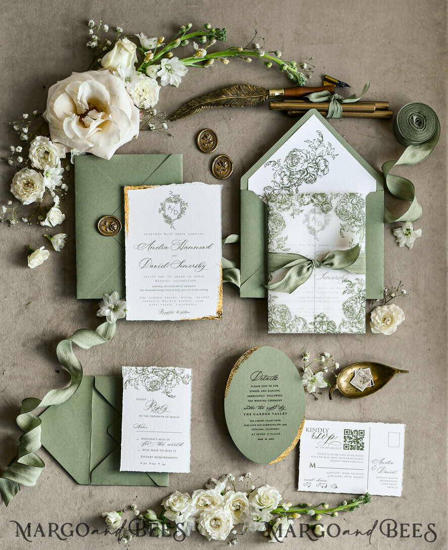 WEDDING INVITATIONS modern calligraphy / fine art Sage green  Fine Art Wedding Invitations with Gold Leaf, Deckled Edges, RSVP  qr code Silk Ribbon Bespoke Elegant Wedding Suite