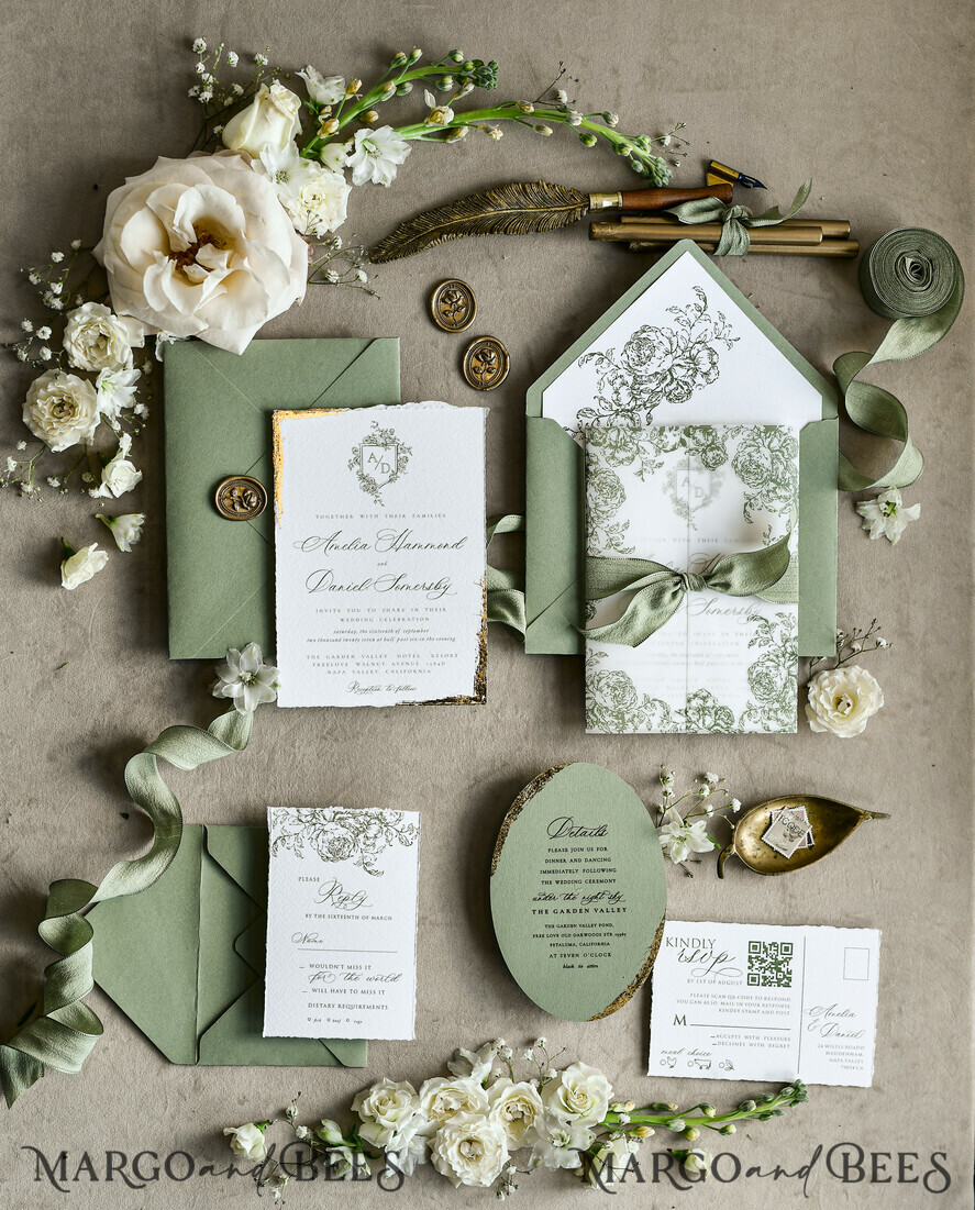 WEDDING INVITATIONS modern calligraphy / fine art Sage green  Fine Art Wedding Invitations with Gold Leaf, Deckled Edges, RSVP  qr code Silk Ribbon Bespoke Elegant Wedding Suite