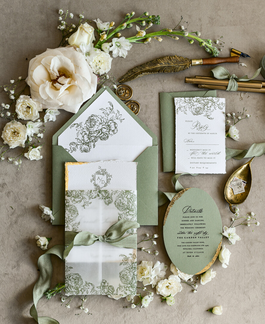 WEDDING INVITATIONS modern calligraphy / fine art Sage green  Fine Art Wedding Invitations with Gold Leaf, Deckled Edges, RSVP  qr code Silk Ribbon Bespoke Elegant Wedding Suite