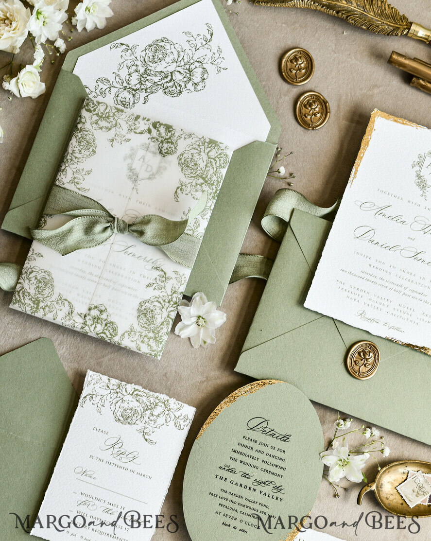 WEDDING INVITATIONS modern calligraphy / fine art Sage green  Fine Art Wedding Invitations with Gold Leaf, Deckled Edges, RSVP  qr code Silk Ribbon Bespoke Elegant Wedding Suite