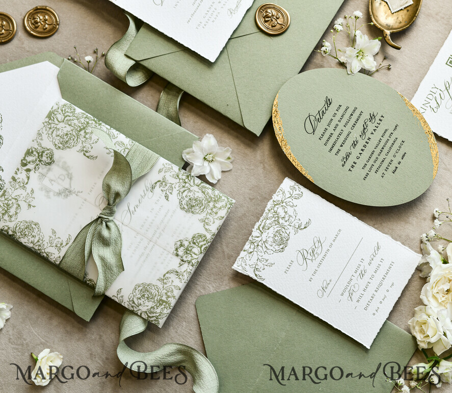 WEDDING INVITATIONS modern calligraphy / fine art Sage green  Fine Art Wedding Invitations with Gold Leaf, Deckled Edges, RSVP  qr code Silk Ribbon Bespoke Elegant Wedding Suite