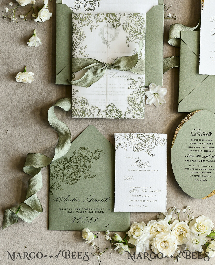 WEDDING INVITATIONS modern calligraphy / fine art Sage green  Fine Art Wedding Invitations with Gold Leaf, Deckled Edges, RSVP  qr code Silk Ribbon Bespoke Elegant Wedding Suite