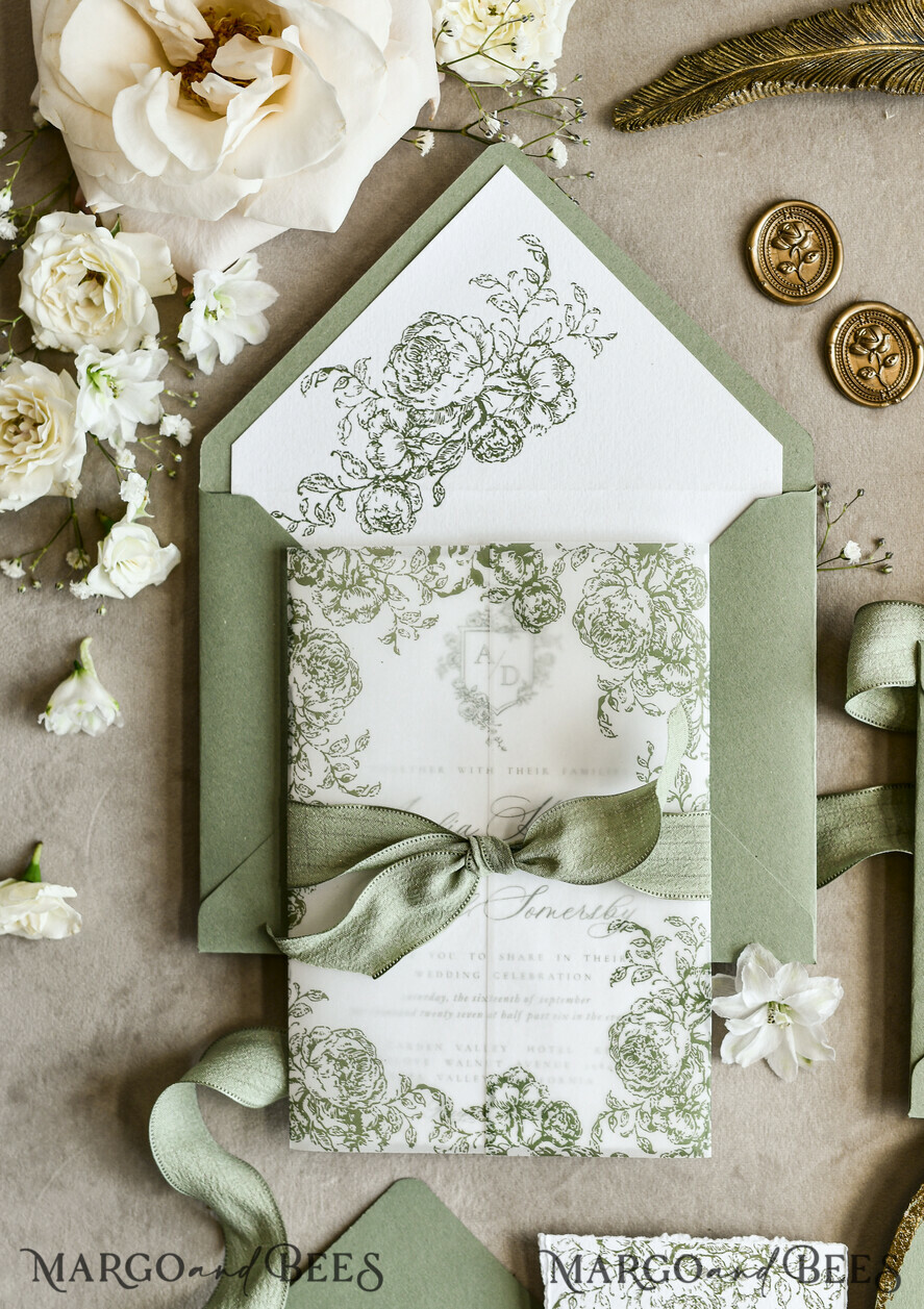 WEDDING INVITATIONS modern calligraphy / fine art Sage green  Fine Art Wedding Invitations with Gold Leaf, Deckled Edges, RSVP  qr code Silk Ribbon Bespoke Elegant Wedding Suite