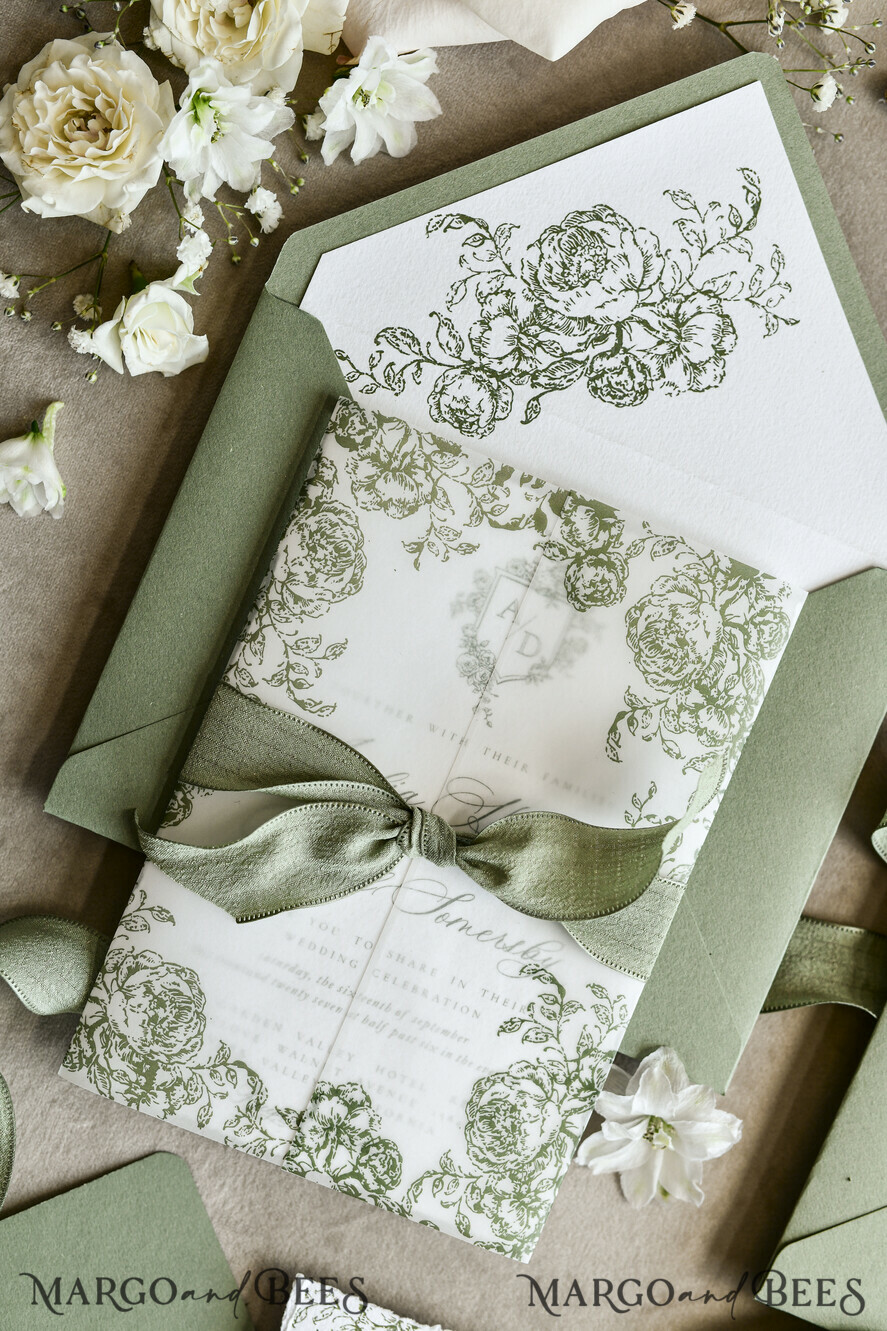 WEDDING INVITATIONS modern calligraphy / fine art Sage green  Fine Art Wedding Invitations with Gold Leaf, Deckled Edges, RSVP  qr code Silk Ribbon Bespoke Elegant Wedding Suite