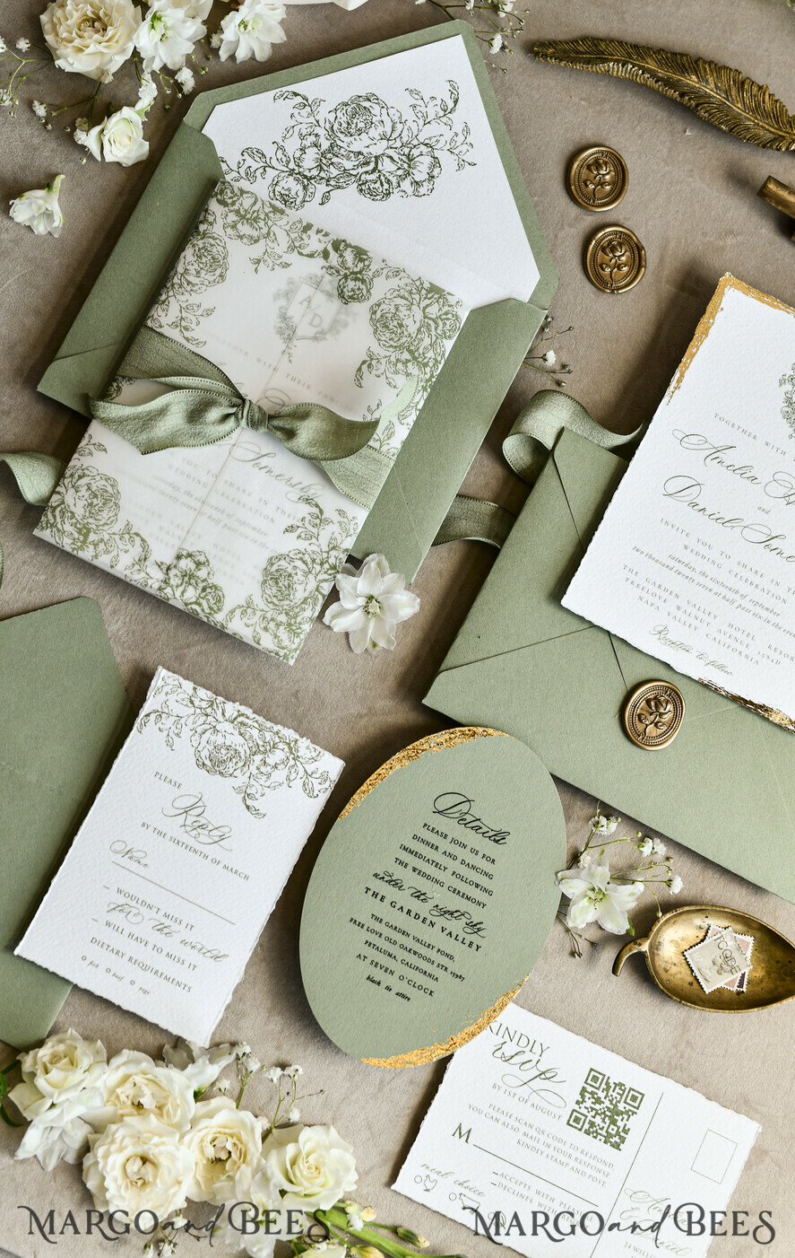 WEDDING INVITATIONS modern calligraphy / fine art Sage green  Fine Art Wedding Invitations with Gold Leaf, Deckled Edges, RSVP  qr code Silk Ribbon Bespoke Elegant Wedding Suite