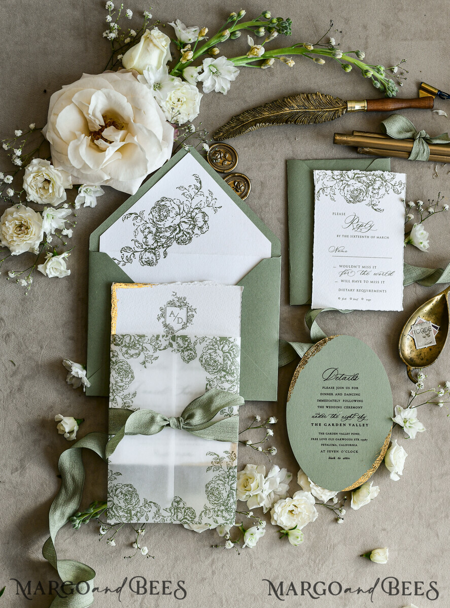 WEDDING INVITATIONS modern calligraphy / fine art Sage green  Fine Art Wedding Invitations with Gold Leaf, Deckled Edges, RSVP  qr code Silk Ribbon Bespoke Elegant Wedding Suite