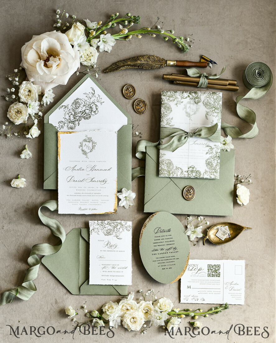 WEDDING INVITATIONS modern calligraphy / fine art Sage green  Fine Art Wedding Invitations with Gold Leaf, Deckled Edges, RSVP  qr code Silk Ribbon Bespoke Elegant Wedding Suite