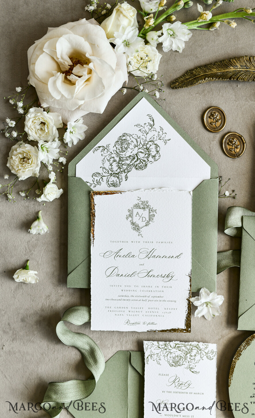 WEDDING INVITATIONS modern calligraphy / fine art Sage green  Fine Art Wedding Invitations with Gold Leaf, Deckled Edges, RSVP  qr code Silk Ribbon Bespoke Elegant Wedding Suite