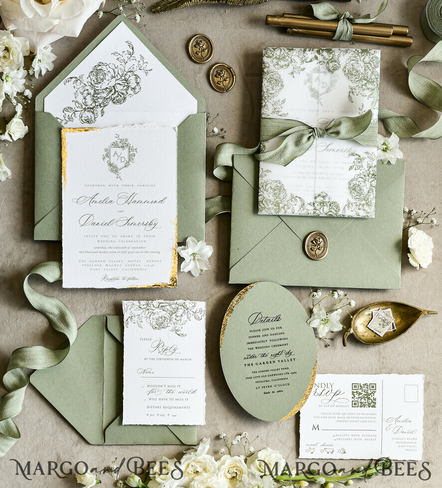 WEDDING INVITATIONS modern calligraphy / fine art Sage green  Fine Art Wedding Invitations with Gold Leaf, Deckled Edges, RSVP  qr code Silk Ribbon Bespoke Elegant Wedding Suite