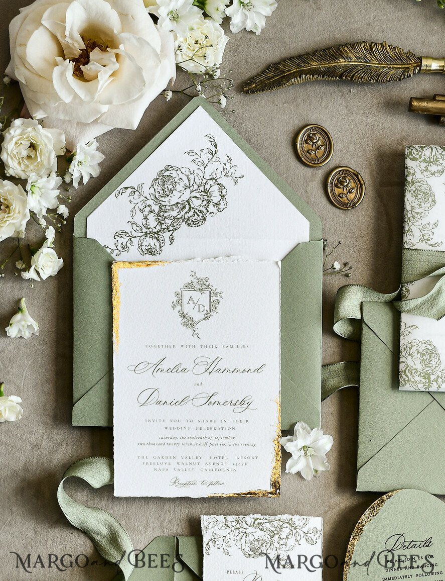 WEDDING INVITATIONS modern calligraphy / fine art Sage green  Fine Art Wedding Invitations with Gold Leaf, Deckled Edges, RSVP  qr code Silk Ribbon Bespoke Elegant Wedding Suite