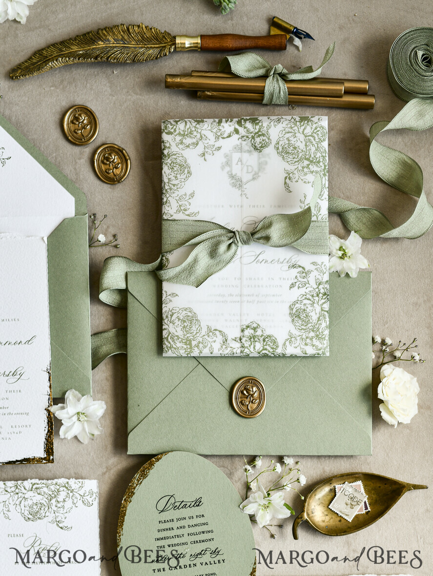 WEDDING INVITATIONS modern calligraphy / fine art Sage green  Fine Art Wedding Invitations with Gold Leaf, Deckled Edges, RSVP  qr code Silk Ribbon Bespoke Elegant Wedding Suite