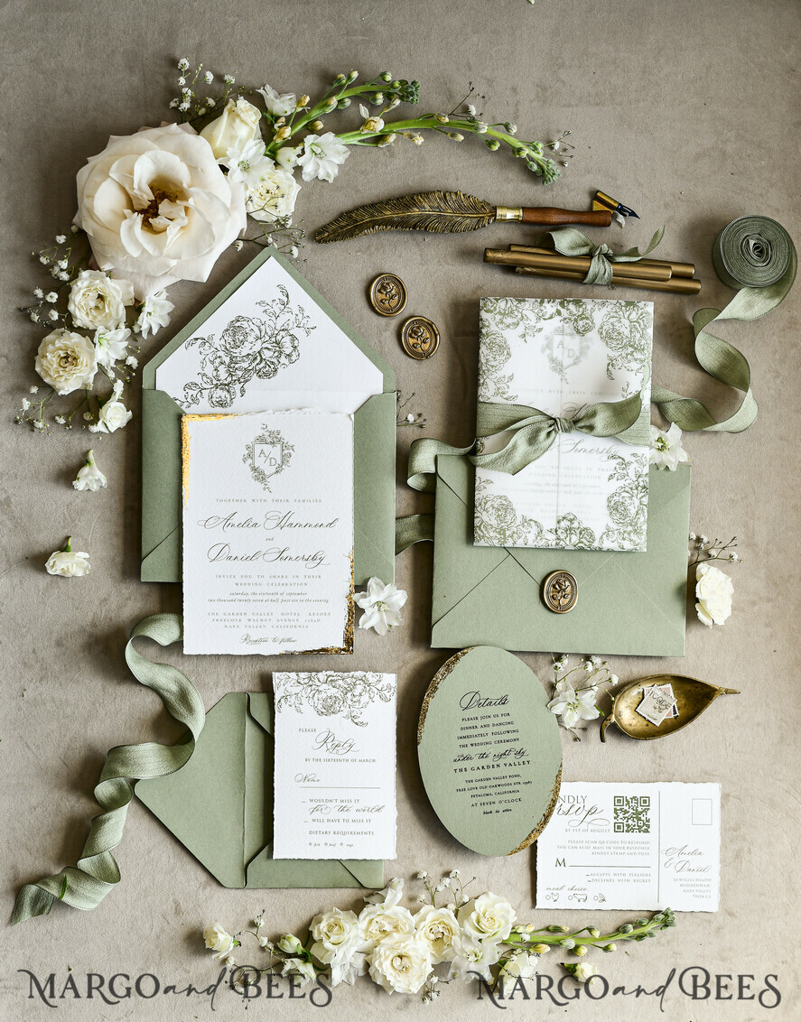 WEDDING INVITATIONS modern calligraphy / fine art Sage green  Fine Art Wedding Invitations with Gold Leaf, Deckled Edges, RSVP  qr code Silk Ribbon Bespoke Elegant Wedding Suite
