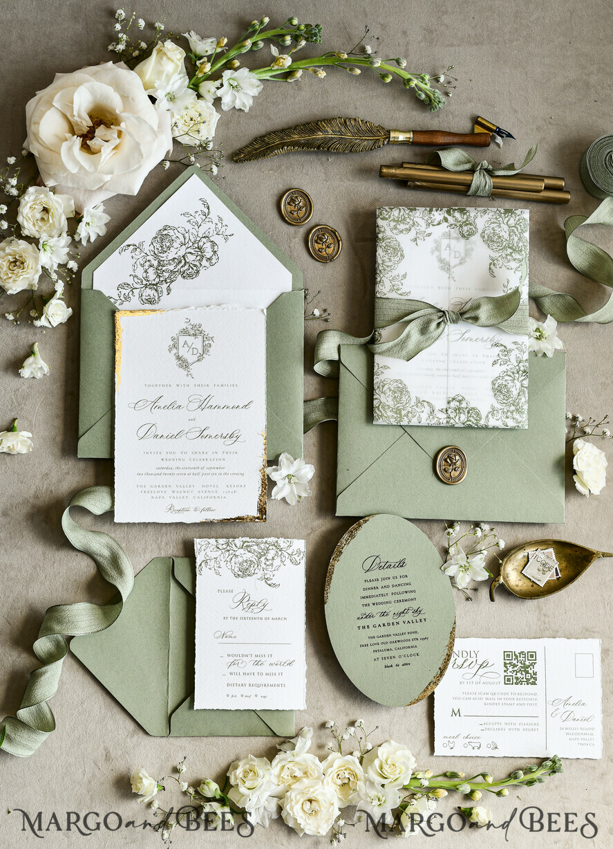 WEDDING INVITATIONS modern calligraphy / fine art Sage green  Fine Art Wedding Invitations with Gold Leaf, Deckled Edges, RSVP  qr code Silk Ribbon Bespoke Elegant Wedding Suite
